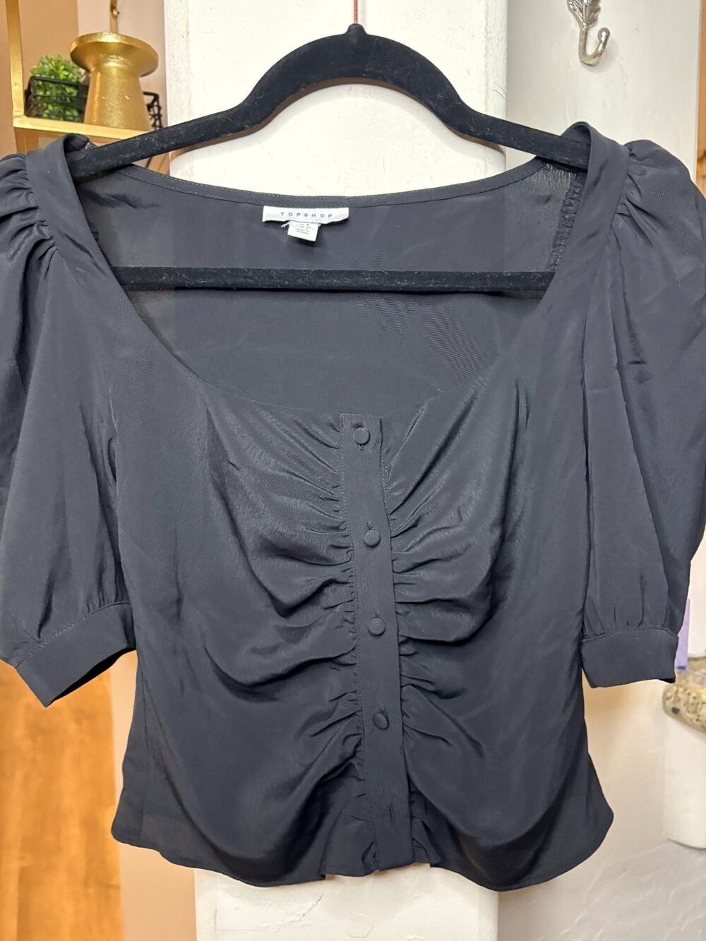 TOPSHOP Women's Black Puff Sleeve Ruched Button - Front Top Size 4
